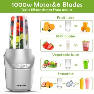 1000W Large Natural Bullet Blender for Shakes and Smoothies, Healnitor Countertop Mixer with Blending and Grinding Blades for Kitchen, Tritan 32+15 Oz Travel Bottles for Fruits, Coffee, Silver