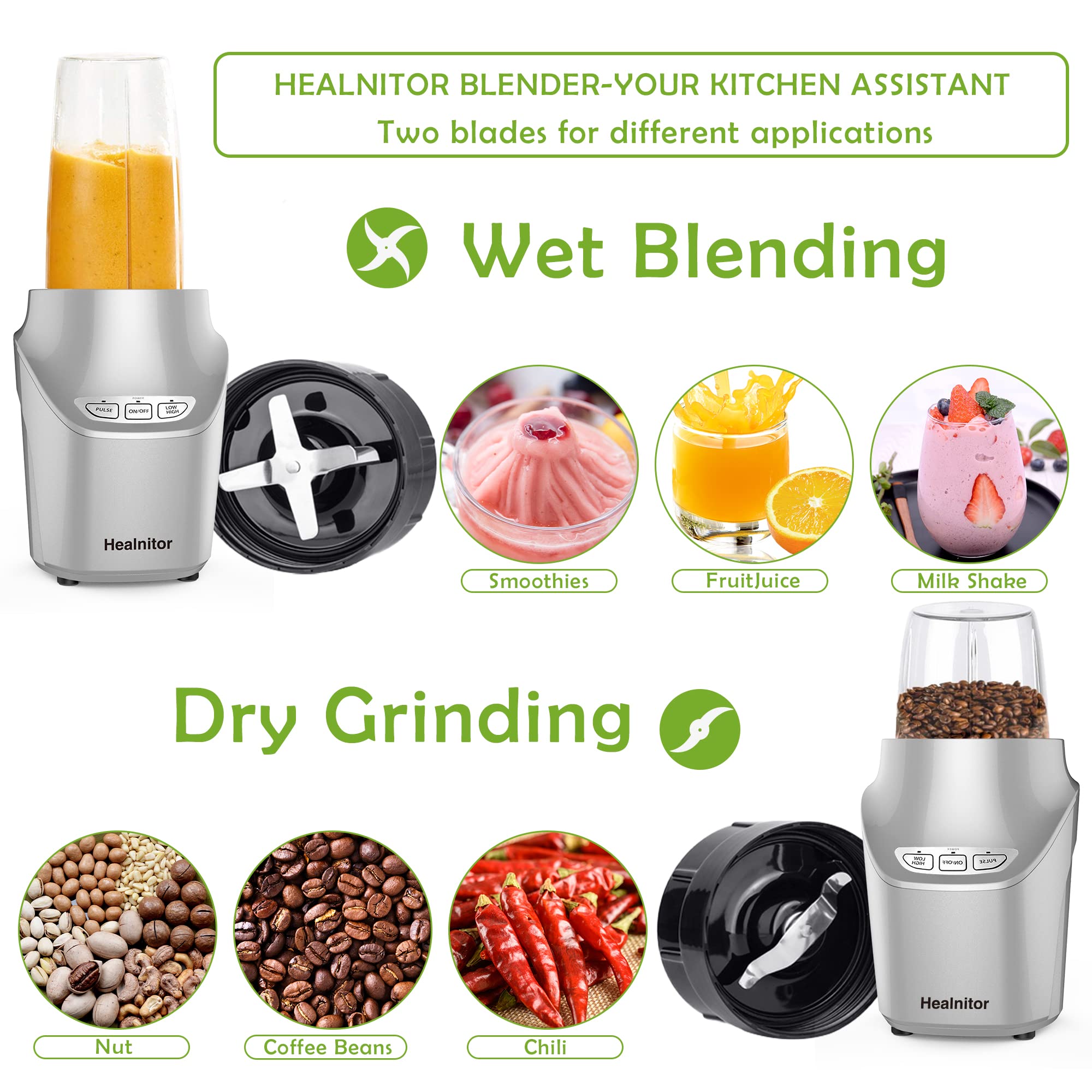 1000W Large Natural Bullet Blender for Shakes and Smoothies, Healnitor Countertop Mixer with Blending and Grinding Blades for Kitchen, Tritan 32+15 Oz Travel Bottles for Fruits, Coffee, Silver