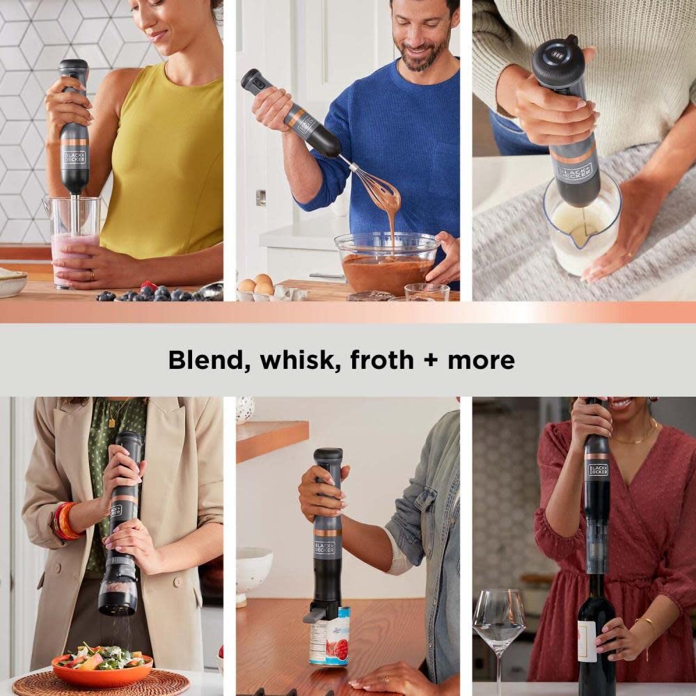 BLACK+DECKER Kitchen Wand Cordless Immersion Blender, 6 in 1 Multi Tool Set, Hand Blender with Charging Dock, Grey (BCKM1016KS01)