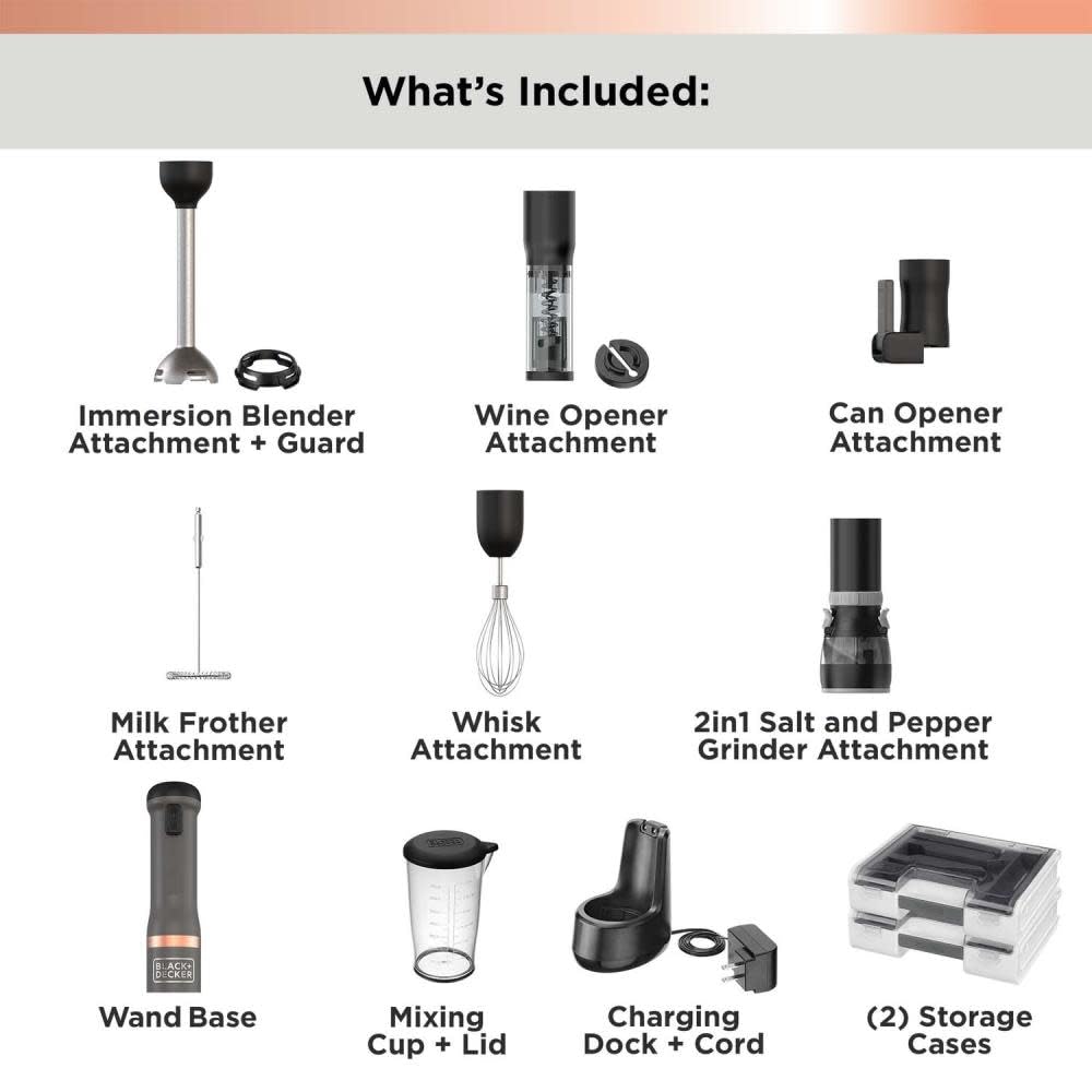 BLACK+DECKER Kitchen Wand Cordless Immersion Blender, 6 in 1 Multi Tool Set, Hand Blender with Charging Dock, Grey (BCKM1016KS01)
