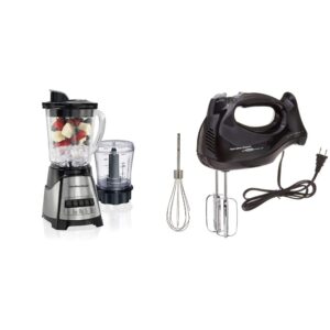 hamilton beach power elite blender with 40oz glass jar 3-cup vegetable chopper, black and stainless steel (58149) & beach 6-speed electric hand mixer with snap-on case, beaters, whisk, black (62692)