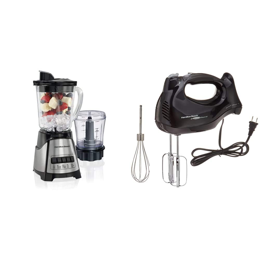 Hamilton Beach Power Elite Blender with 40oz Glass Jar 3-Cup Vegetable Chopper, Black and Stainless Steel (58149) & Beach 6-Speed Electric Hand Mixer with Snap-On Case, Beaters, Whisk, Black (62692)