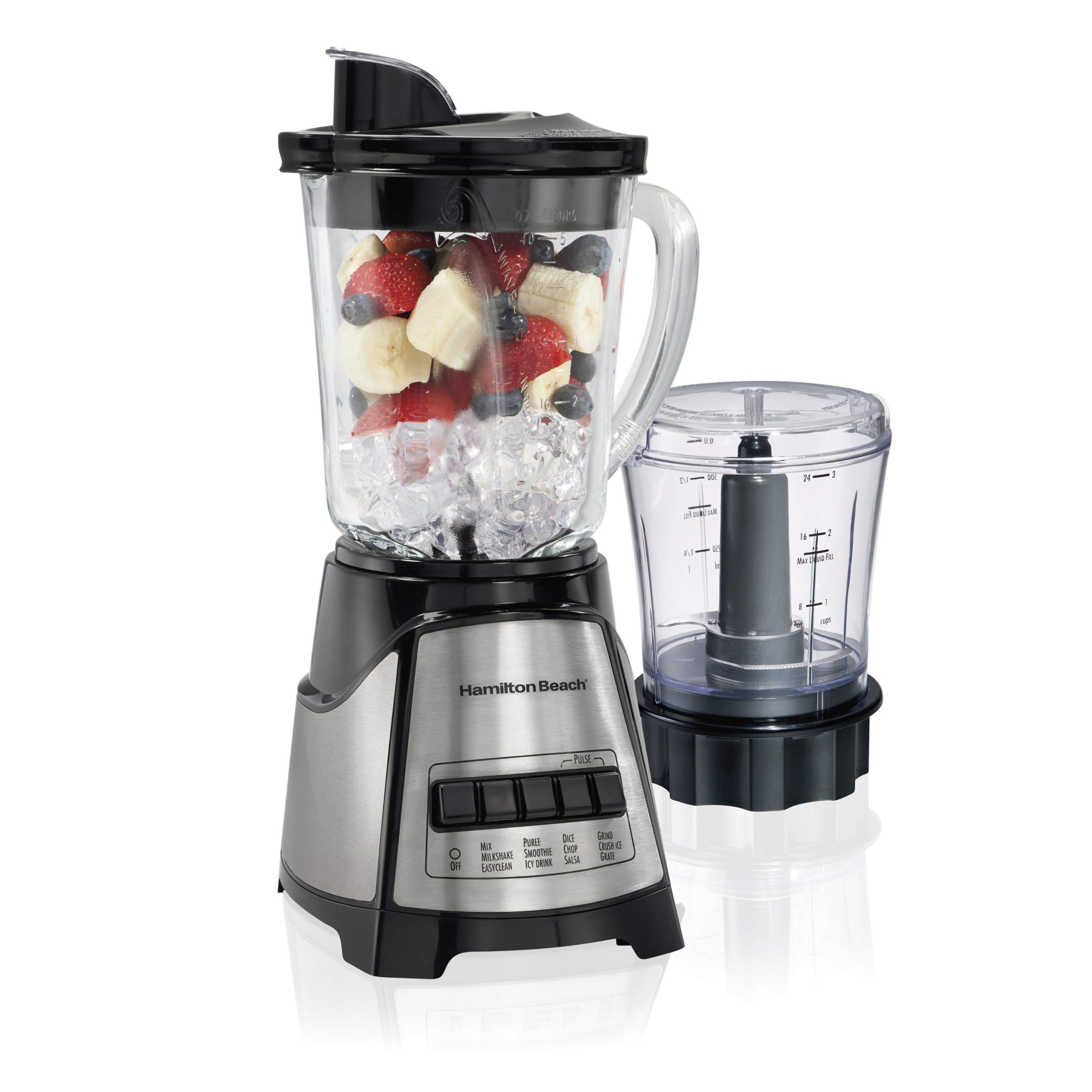 Hamilton Beach Power Elite Blender with 40oz Glass Jar 3-Cup Vegetable Chopper, Black and Stainless Steel (58149) & Beach 6-Speed Electric Hand Mixer with Snap-On Case, Beaters, Whisk, Black (62692)