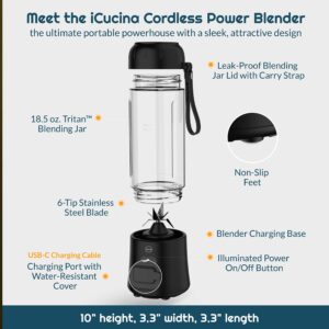 iCucina Portable Blender Fruit Mixer Rechargeable with USB Blender for Smoothie Protein Shakes Fruit Juice Office Sports Home Travel (White)