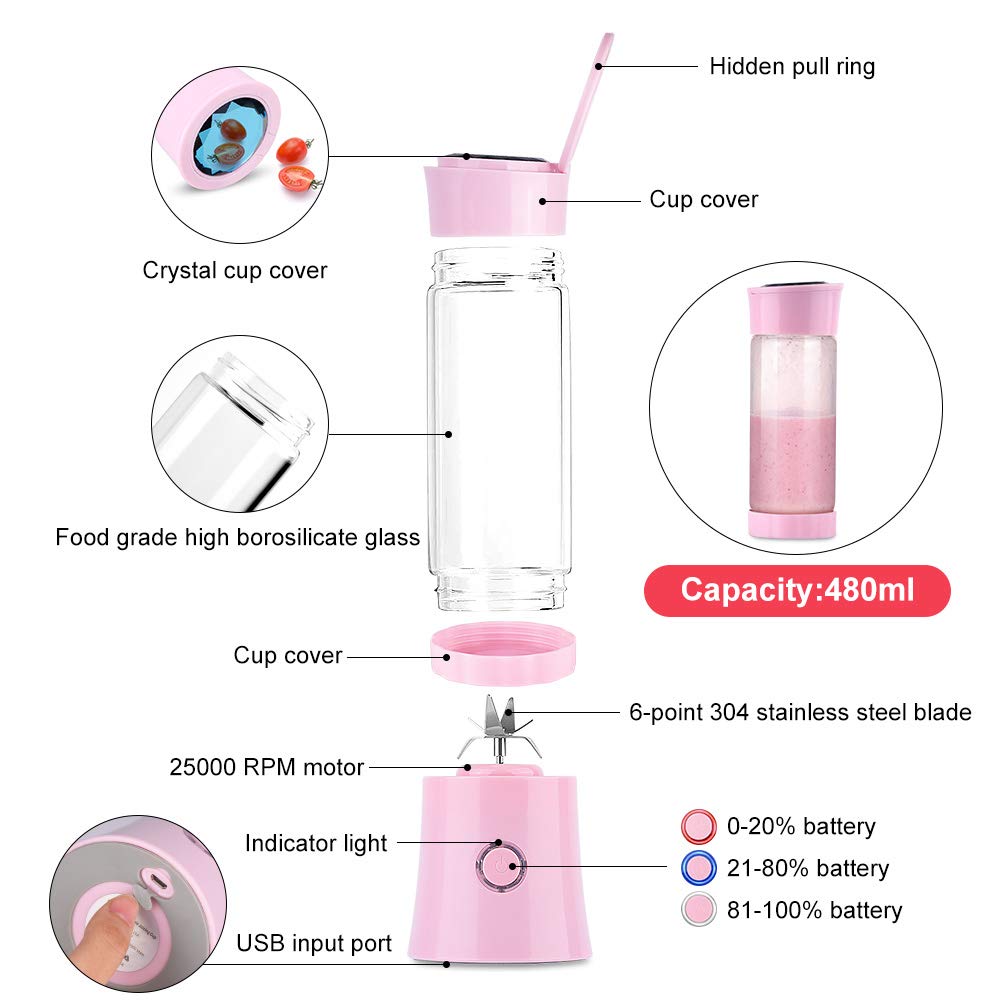 Taillansin【2019 Newest】Portable Blender, Multi-functional Travel Electric Juice Cup with USB Rechargeable Small Blender for Shakes and Smoothies, Stronger and Faster with Stainless Steel 6-Blades(FDA BPA free)