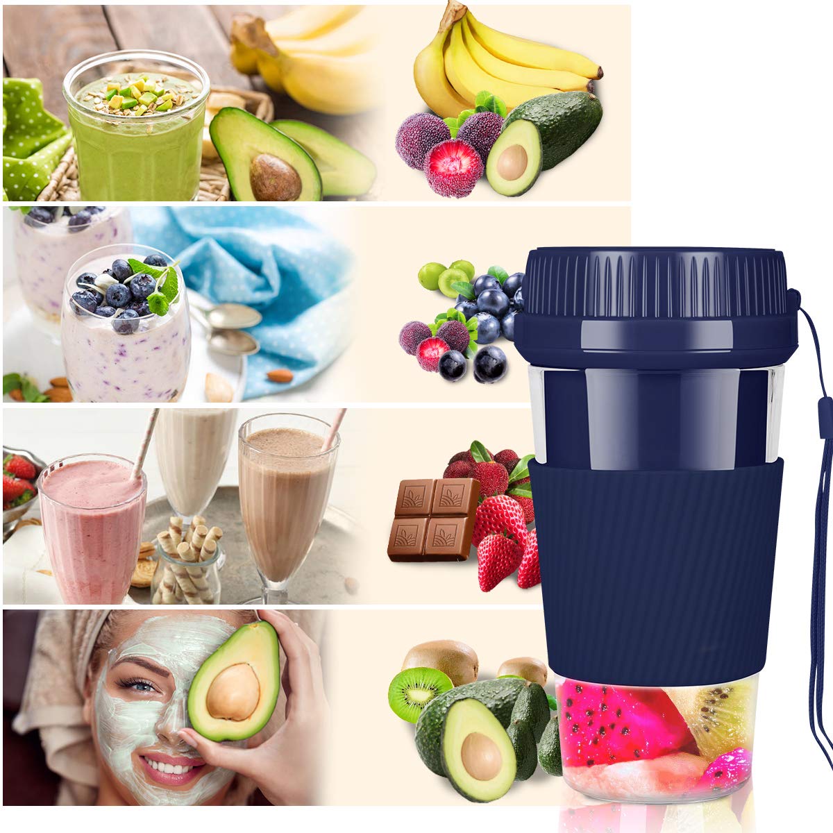 iBazal Portable Blender, Cordless Mini Personal Blender USB Rechargeable Smoothie Juicer Cup, 250mL Waterproof Fruit Mixing Machine Baby Travel Home Office Sports Outdoors, BPA Free -Dark blue