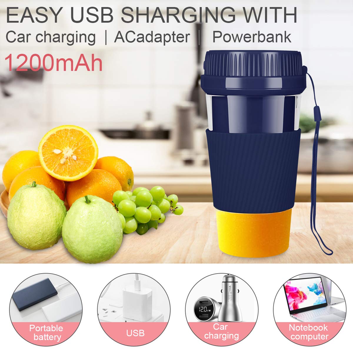 iBazal Portable Blender, Cordless Mini Personal Blender USB Rechargeable Smoothie Juicer Cup, 250mL Waterproof Fruit Mixing Machine Baby Travel Home Office Sports Outdoors, BPA Free -Dark blue