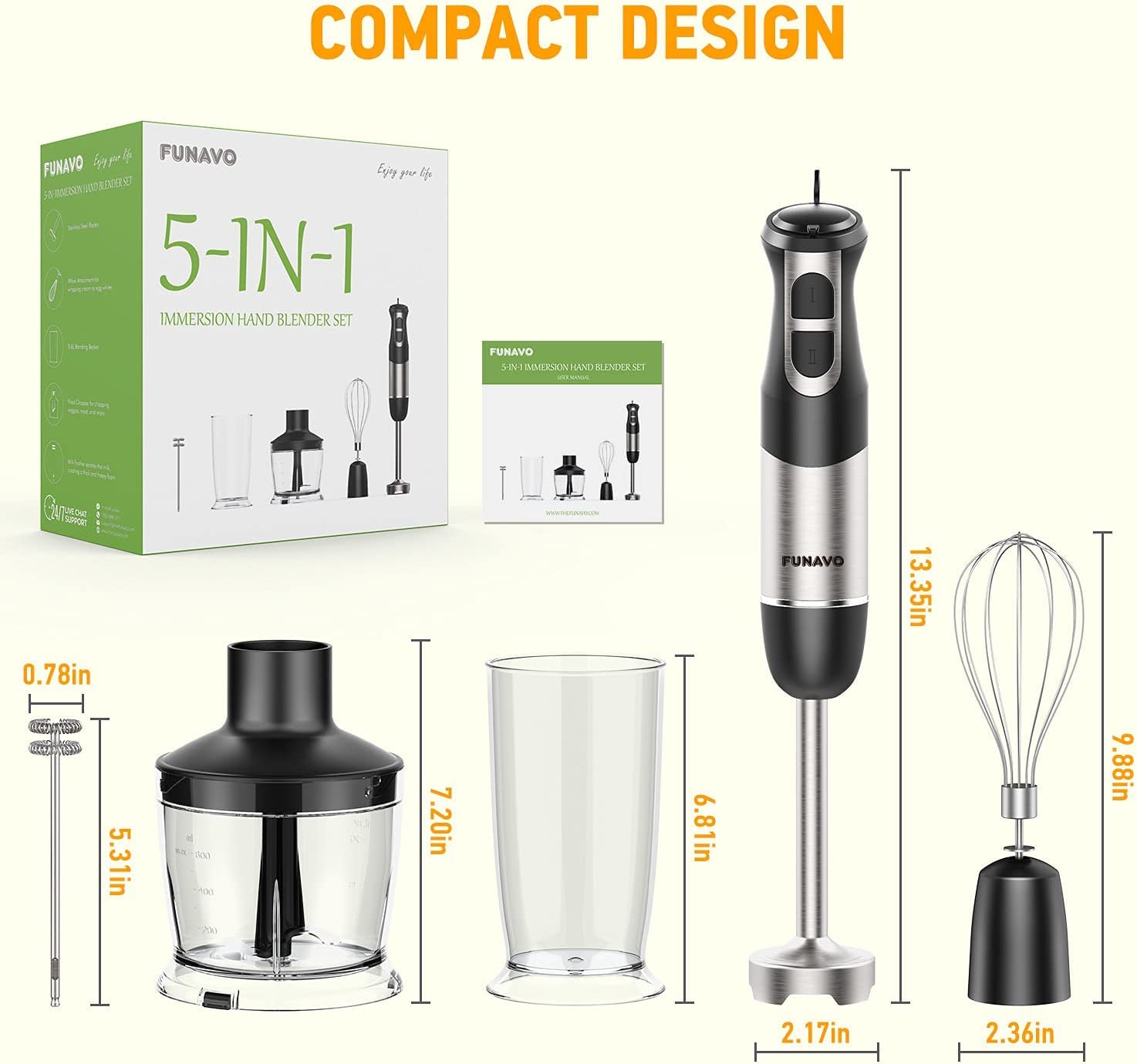 Hand Blender, 800W 5-in-1 Immersion Hand Blender,12-Speed Multi-function Stick Blender with 500ml Chopping Bowl, Whisk, 600ml Mixing Beaker, Milk Frother Attachments, BPA-Free (Black)