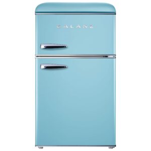 galanz retro compact refrigerator with freezer, mini fridge with dual doors, adjustable mechanical thermostat, 3.1 cu ft, blue