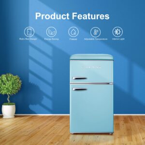 Galanz Retro Compact Refrigerator with Freezer, Mini Fridge with Dual Doors, Adjustable Mechanical Thermostat, 3.1 Cu FT, Blue