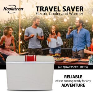 Koolatron Electric Portable Cooler Plug in 12V Car Cooler/Warmer 45 qt (42 L),No Ice Thermo Electric portable Fridge for camping, Travel Road Trips Trucking with 12 Volt DC Power Cord, Gray/White.