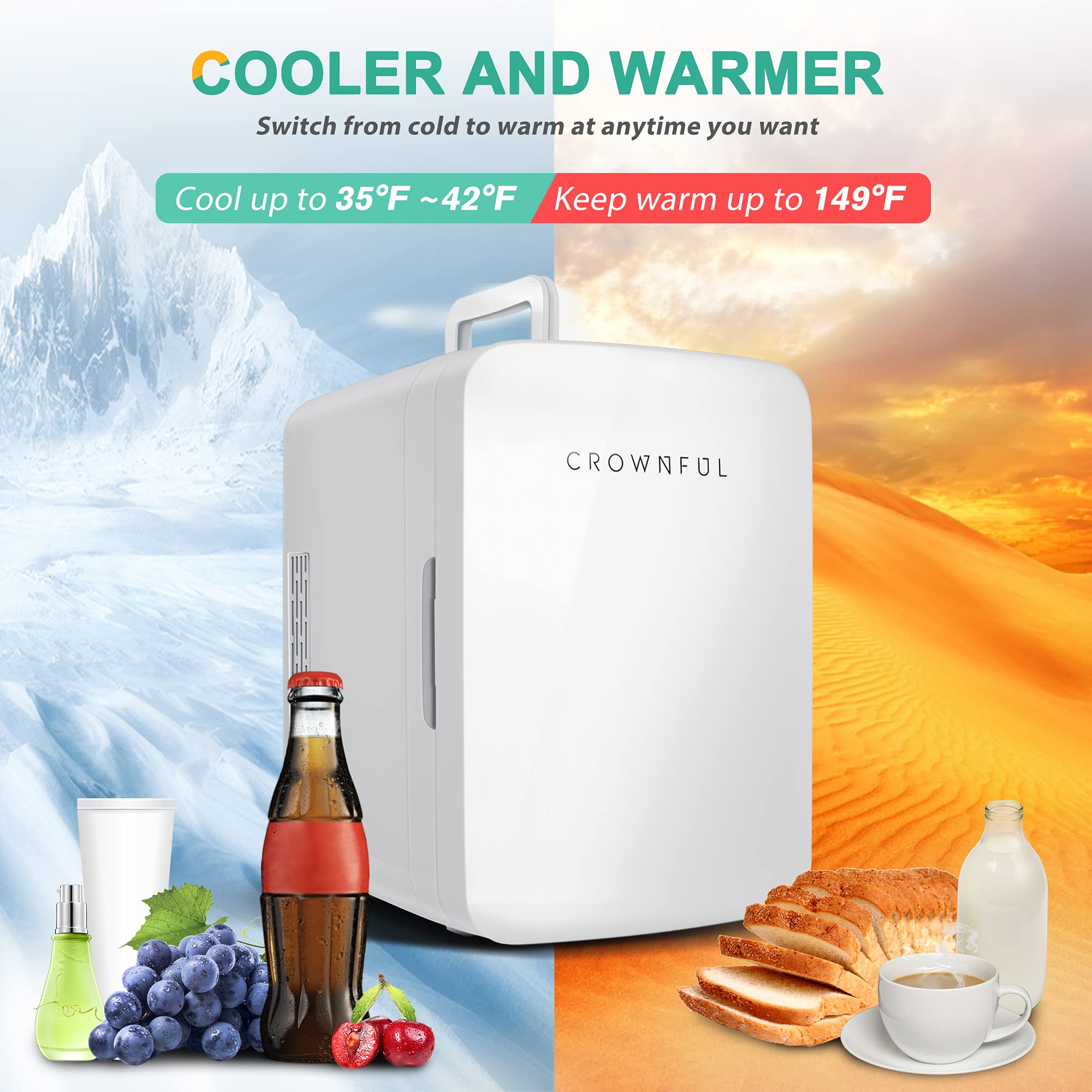 CROWNFUL Multifunctional Mini Fridge, 10 Liter/12 Can Portable Cooler and Warmer Personal Fridge for Skin Care, Food, Medications, Plugs for Home Outlet & 12V Car Charger Included, ETL Listed （White)）