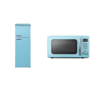 galanz glr12tbeefr refrigerator, dual door fridge, retro blue, 12.0 cu ft & glcmkz11ber10 retro countertop microwave oven with auto cook & reheat, 1.1 cu ft, blue