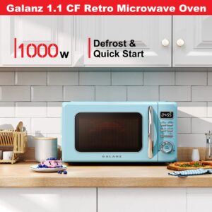 Galanz GLR12TBEEFR Refrigerator, Dual Door Fridge, Retro Blue, 12.0 Cu Ft & GLCMKZ11BER10 Retro Countertop Microwave Oven with Auto Cook & Reheat, 1.1 cu ft, Blue