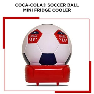 Coca-Cola Soccer Ball Mini Fridge, 5 Can Beverage Cooler with Hidden Opening, White Red Black, Unique Accessory for Den, Games Room, Man-Cave, Dorm, Sports Fans, Students