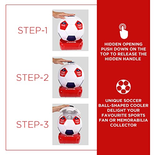 Coca-Cola Soccer Ball Mini Fridge, 5 Can Beverage Cooler with Hidden Opening, White Red Black, Unique Accessory for Den, Games Room, Man-Cave, Dorm, Sports Fans, Students