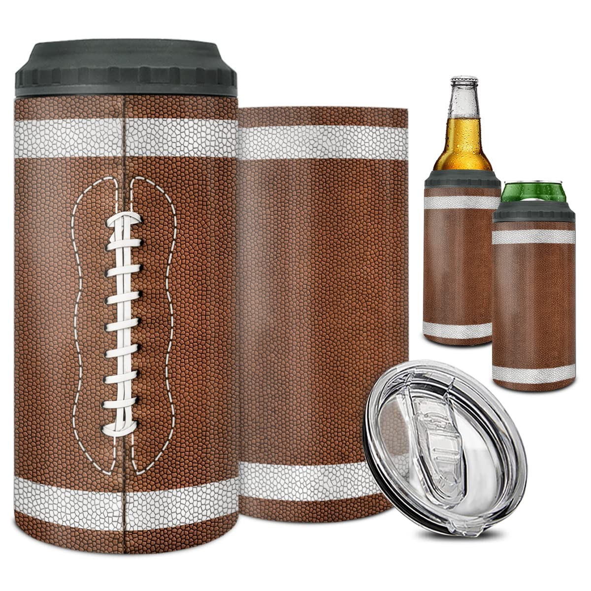 winorax Football Tumbler 4-in-1 Can Cooler Football Stainless Steel Insulated Tumblers Coffee Travel Mug Cup With Lid Gift Tumblers For Men Women Sports Gifts For Players Fan Coach Lovers