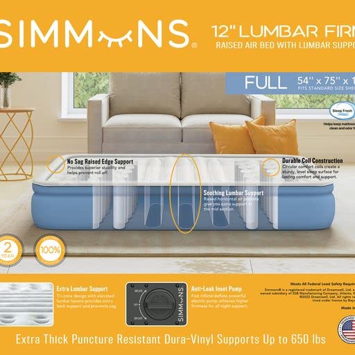 Simmons Lumbar Firm, 12" Tri-Zone Air Mattress with Built-in Pump and Extra Lumbar Support, Size Full,White