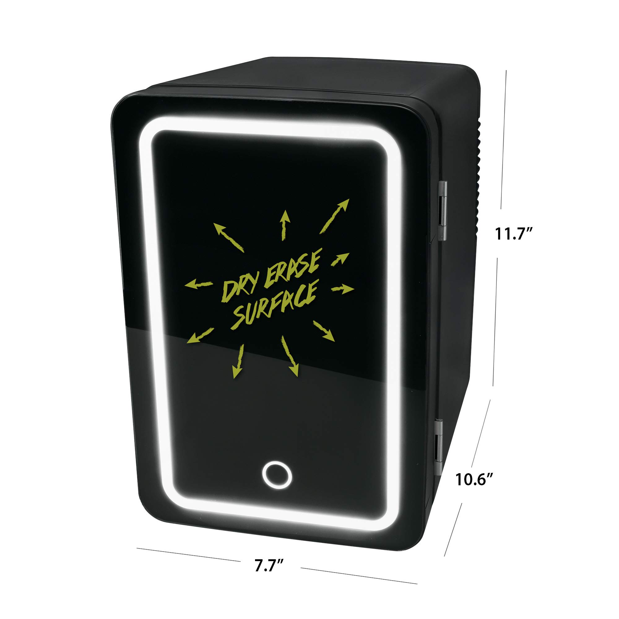 Personal Chiller Led Lighted Mini Fridge Dry erase surface keeps warm or cold for in house or on the go includes two plugs, Black, 6L