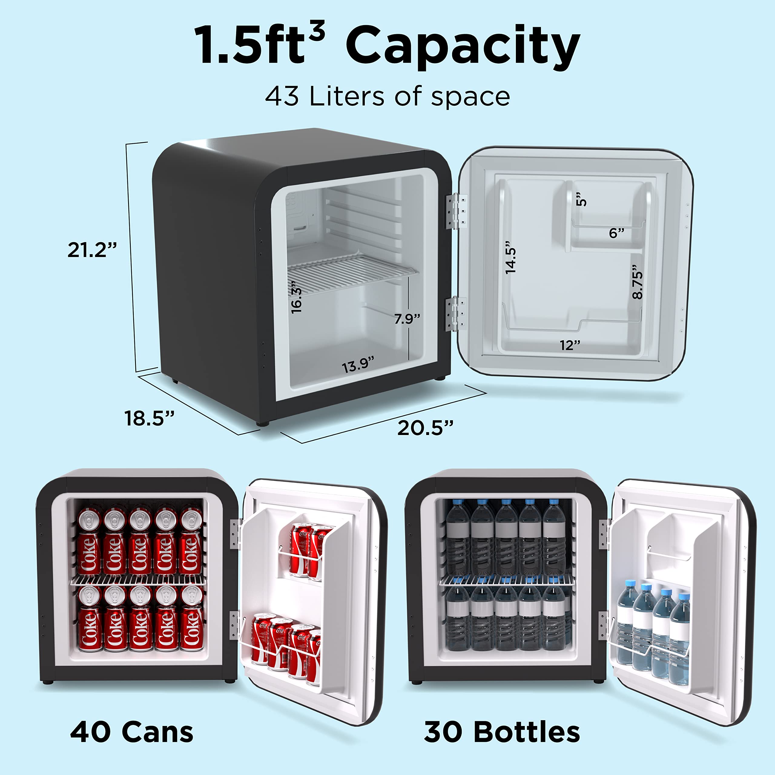 Husky Retro Mini Refrigerator with 1.5 Cu.ft./43L Capacity, Countertop Black Mini Fridge with Reversible Door, Retro Mini Fridge, Freestanding Retro Small Fridge for Bedroom, Bar, and Office
