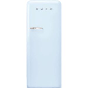 smeg fab28 50's retro style aesthetic top freezer refrigerator with 9.92 cu total capacity, multiflow cooling system, adjustable glass shelves 24-inches, pastel blue right hand hinge