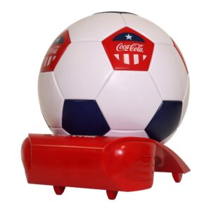 coca-cola soccer ball mini fridge, 5 can beverage cooler with hidden opening, white red black, unique accessory for den, games room, man-cave, dorm, sports fans, students