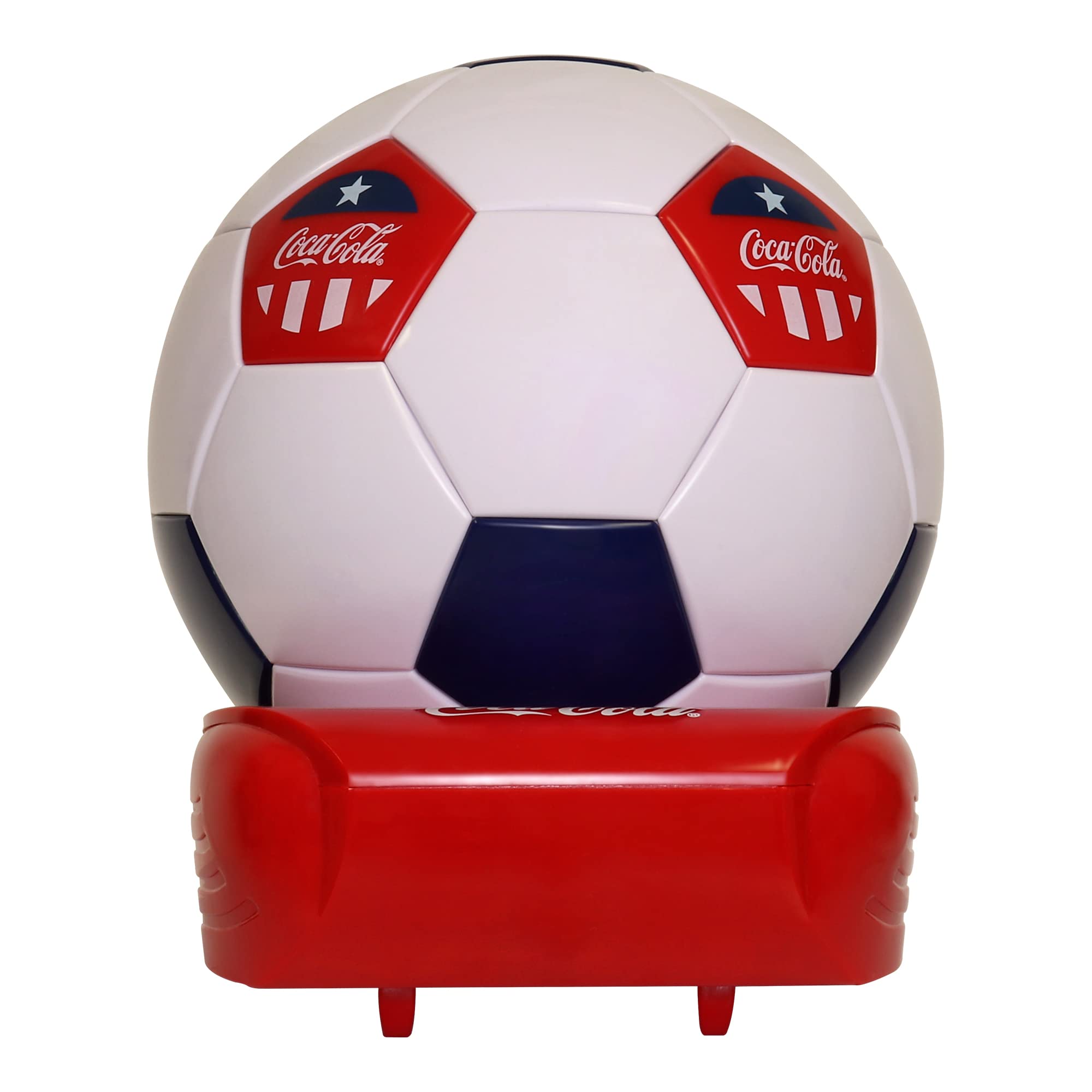 Coca-Cola Soccer Ball Mini Fridge, 5 Can Beverage Cooler with Hidden Opening, White Red Black, Unique Accessory for Den, Games Room, Man-Cave, Dorm, Sports Fans, Students