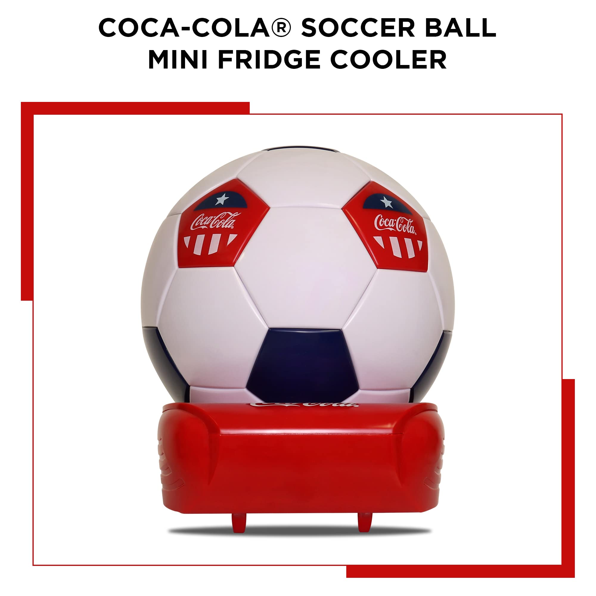 Coca-Cola Soccer Ball Mini Fridge, 5 Can Beverage Cooler with Hidden Opening, White Red Black, Unique Accessory for Den, Games Room, Man-Cave, Dorm, Sports Fans, Students