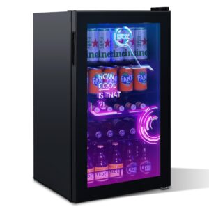 hck beverage fridge, small bottle fridge with cyberpunk modern lighting, mini fridge 0-10 °c, beer fridge 3.5 cu.ft., for gaming room, party, black