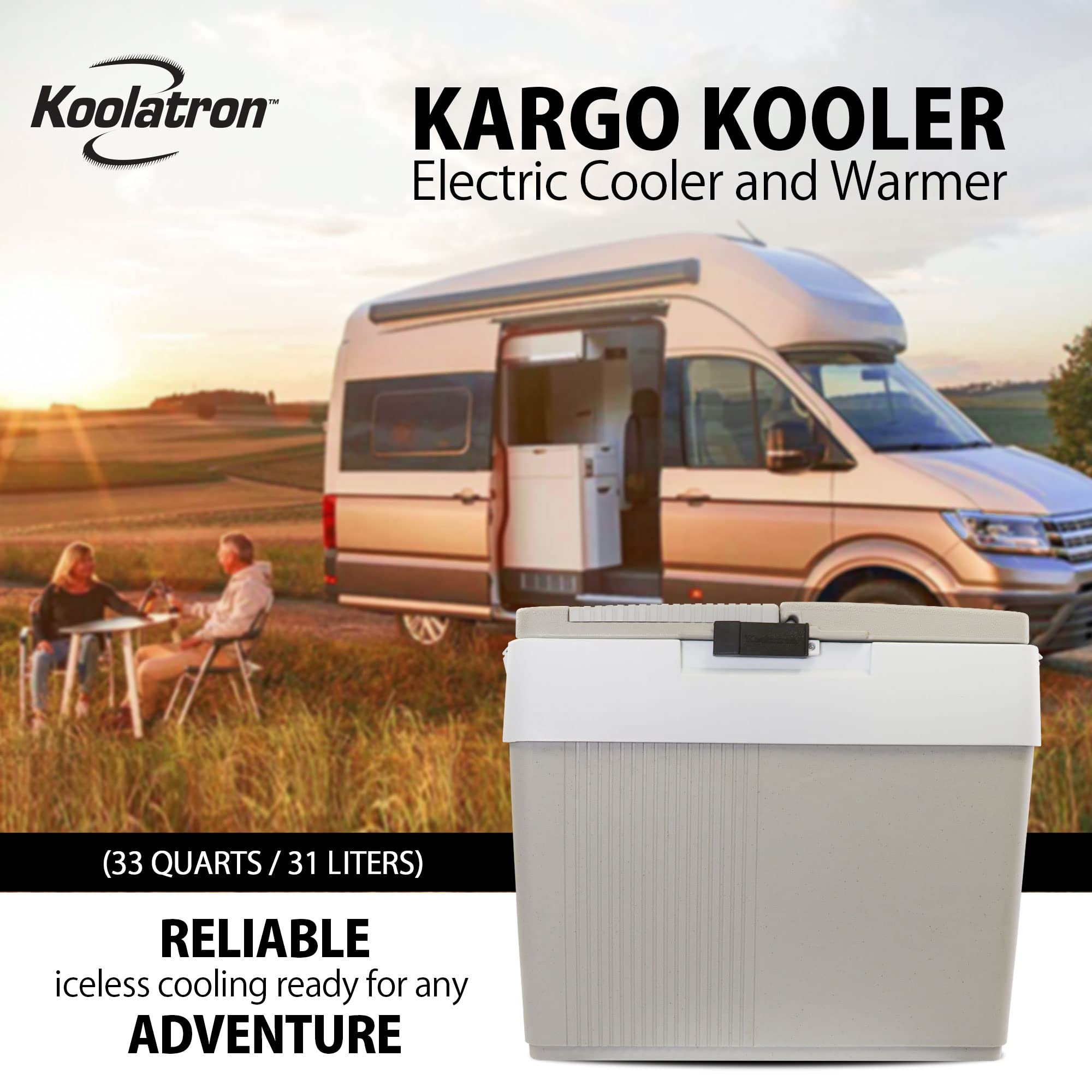 Koolatron Electric Portable Cooler Plug in 12V Car Cooler/Warmer, 33 qt (31 L),No Ice Thermo Electric Portable Fridge for Camping, Travel Road Trips Trucking with 12 Volt DC Power Cord, Gray/White.