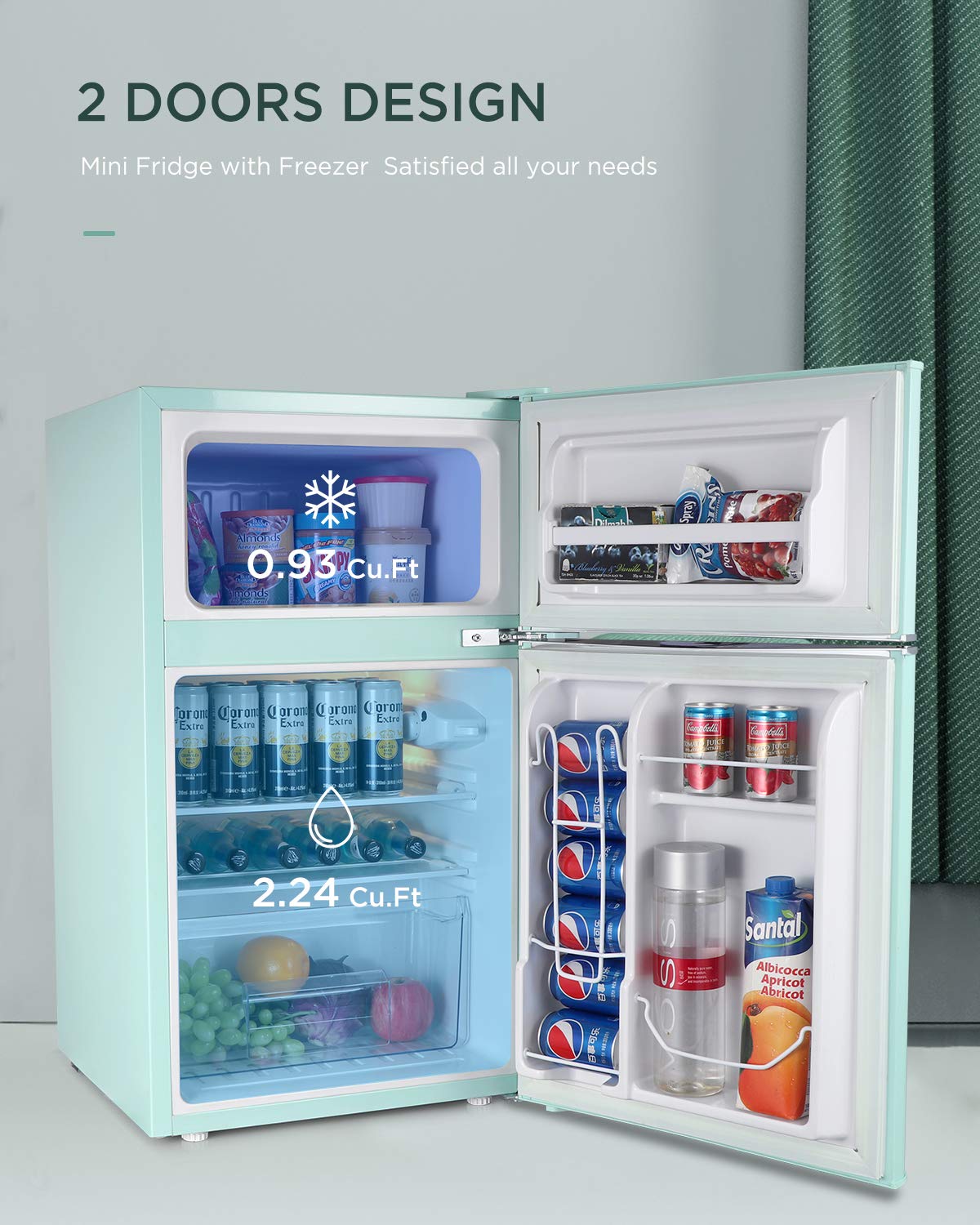 ADT Mini Refrigerator with Handle, 3.2 Cubic Feet Capacity Mini Fridge with Freezer (Mint Green)