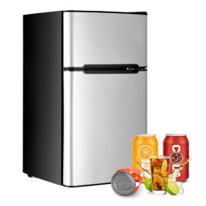toolsempire 3.2 cu. ft mini fridge with freezer, dual door refrigerator with adjustable temperature & removable glass shelves, mini fridge for dorm, office, kitchen (grey)