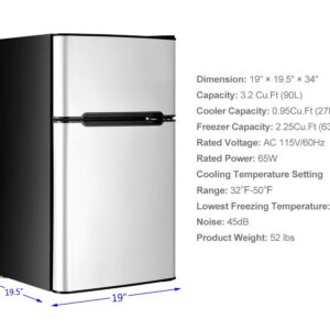 Toolsempire 3.2 Cu. FT Mini Fridge with Freezer, Dual Door Refrigerator with Adjustable Temperature & Removable Glass Shelves, Mini Fridge for Dorm, Office, Kitchen (Grey)