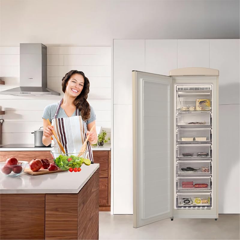 8.3 cu. ft. Freestanding Frost Free Retro Upright freezer with FAST FREEZE, adjustable temp control in Cream