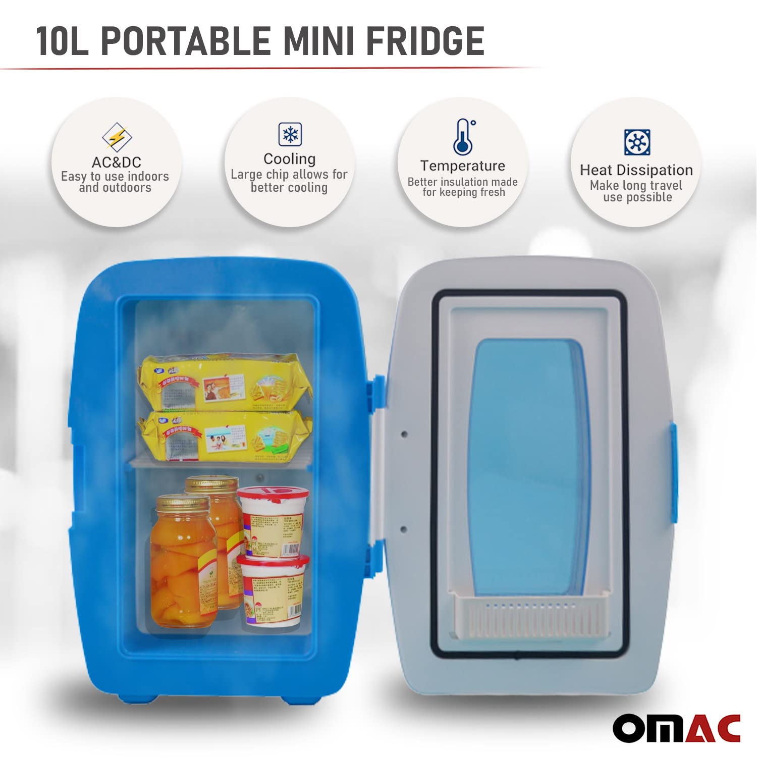 OMAC Mini Fridge for Cosmetics Camping Home Office and Car, Portable, 12V, AC/DC Power, 10 Liter, White