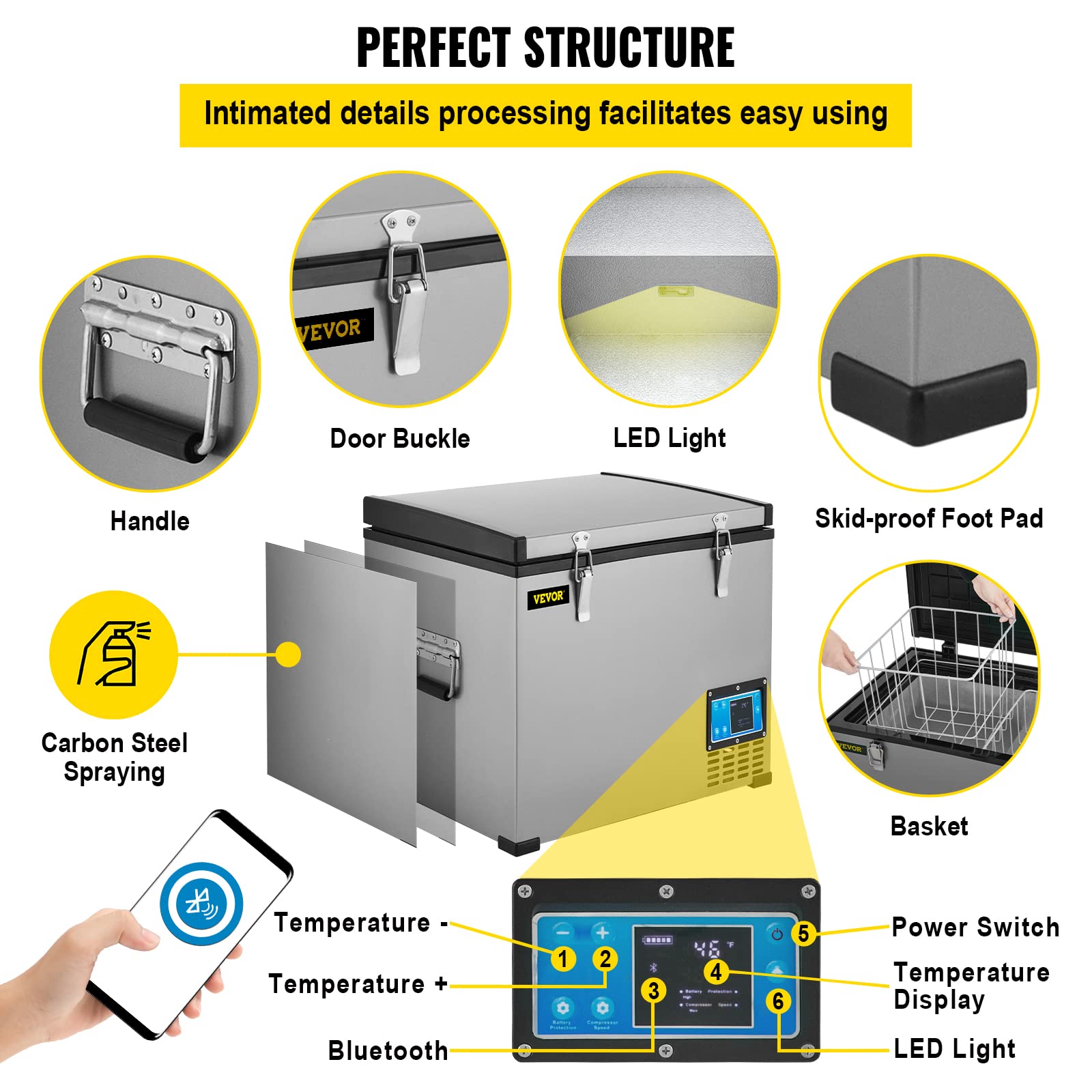 VEVOR Portable Refrigerator 64 Quart, 12 Volt Refrigerator with Compressor and App Control, Metal Shell Chest Refrigerator, -4℉ to 68℉, DC 12/24V, AC 110-240V(Home & Car Use)