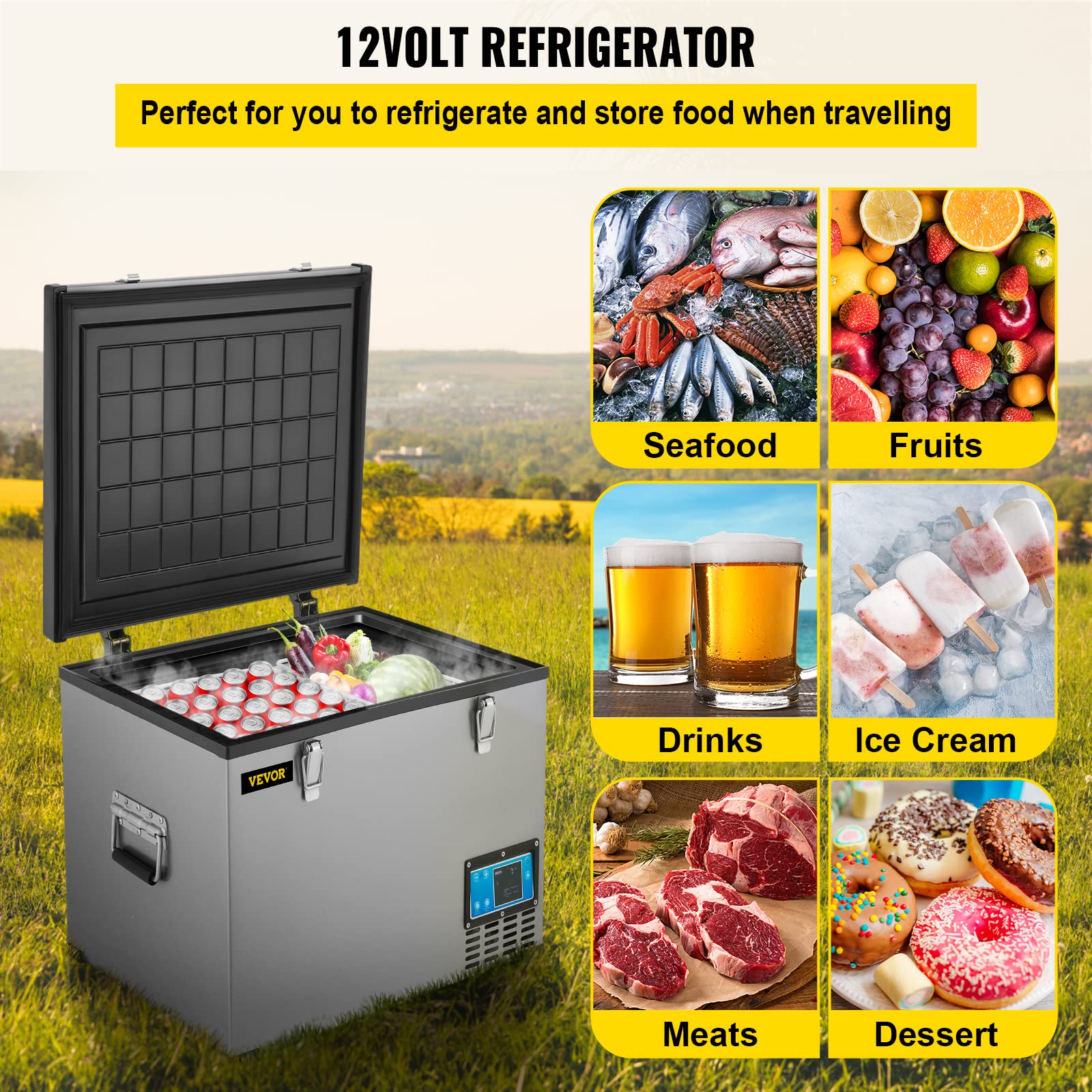 VEVOR Portable Refrigerator 64 Quart, 12 Volt Refrigerator with Compressor and App Control, Metal Shell Chest Refrigerator, -4℉ to 68℉, DC 12/24V, AC 110-240V(Home & Car Use)