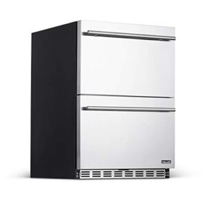 newair 24" outdoor fridge with dual drawers for wine, beer, and beverages | 20 bottle and 80 can capacity | built-in or freestanding | weatherproof stainless steel fridge | ideal outdoor patio fridge