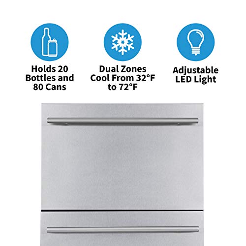 NewAir 24" Outdoor Fridge with Dual Drawers for Wine, Beer, and Beverages | 20 Bottle and 80 Can Capacity | Built-in or Freestanding | Weatherproof Stainless Steel Fridge | Ideal Outdoor Patio Fridge