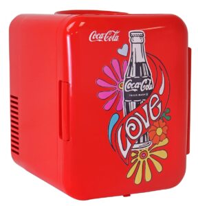coca cola love 1971 series portable 6 can thermoelectric mini fridge cooler/warmer, 4 l/4.2 quarts capacity, 12v dc/110v ac for home, dorm, car, bedroom beverages, snacks, skincare, cosmetics