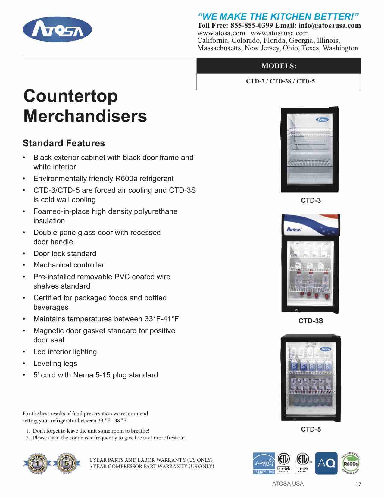 Atosa CTD-3 17 1/4" Countertop Reach-in Glass Merchandiser Display Refrigerator for Cafeteria Deli Convenient Stores | LED Lighting, 1-Swing Door, 3-Shelf, 2.4 Cu Ft Capacity | Black Coated, 115v