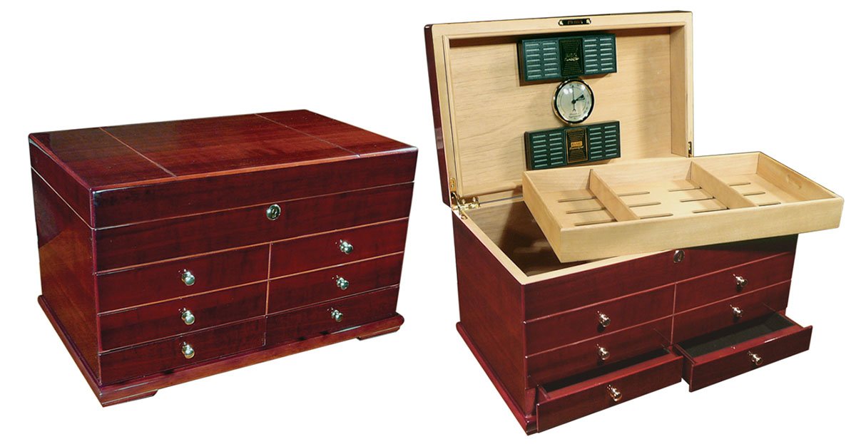 Prestige Import Group Landmark Large Chest Style Cigar Humidor with Drawers - Holds Up to 300 Capacity - Color: Cherry Finish