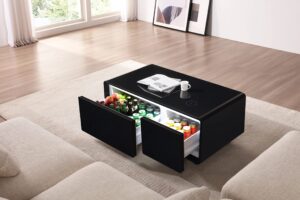 toupuwan modern smart coffee table with built-in refrigerator, outlet protection, wireless charging module, mechanical temperature control, power outlet, usb port, ice water port and power port black