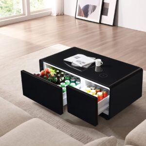 TOUPUWAN Modern Smart Coffee Table with Built-in Refrigerator, Outlet Protection, Wireless Charging Module, Mechanical Temperature Control, Power Outlet, USB Port, Ice Water Port and Power Port Black