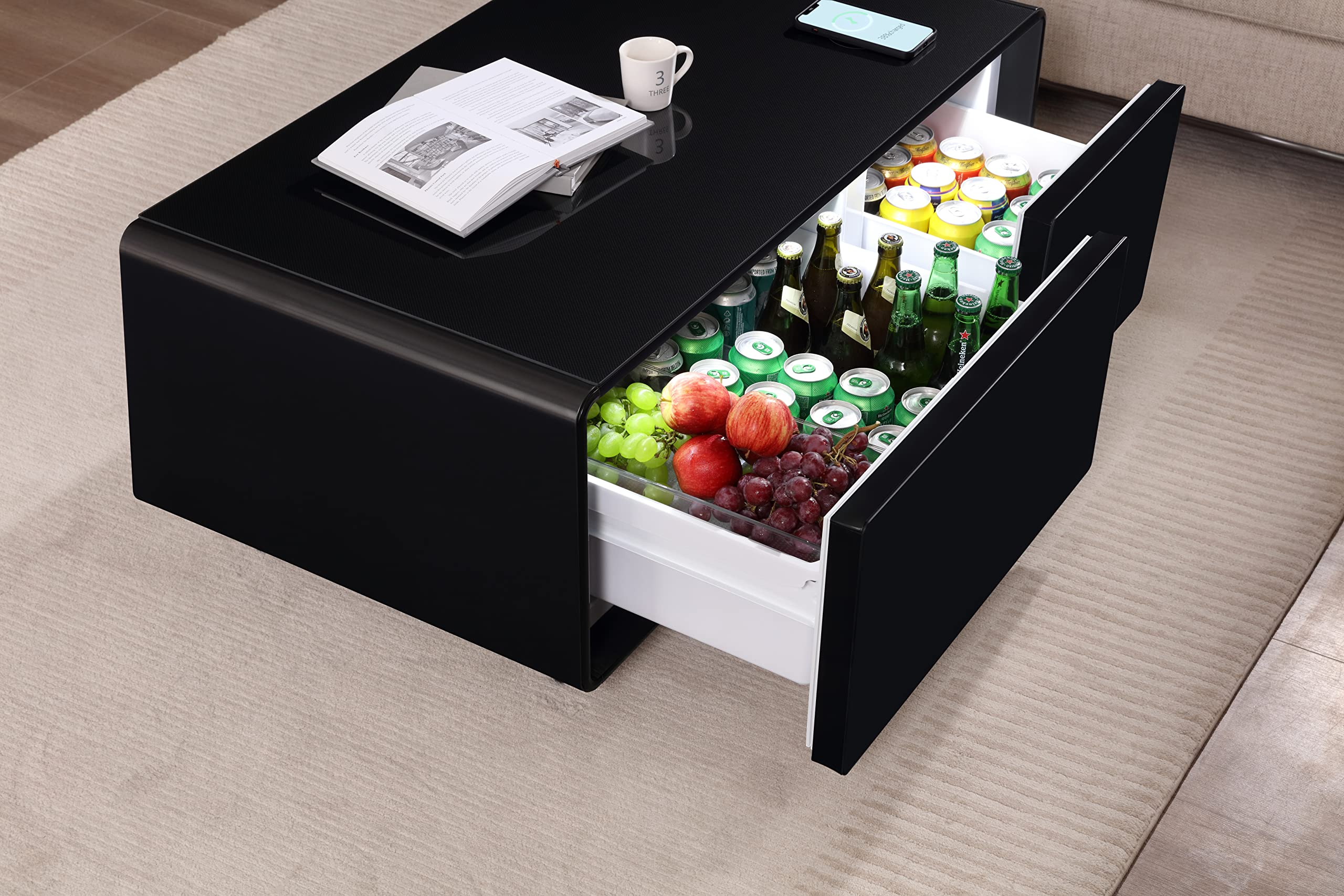 TOUPUWAN Modern Smart Coffee Table with Built-in Refrigerator, Outlet Protection, Wireless Charging Module, Mechanical Temperature Control, Power Outlet, USB Port, Ice Water Port and Power Port Black