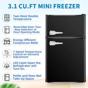 LHRIVER 3.1 Cu Ft Mini Fridge with Freezer - 2 Door Compact Refrigerators with Refrigerators Thermostat, Retro Mini Fridgefor Bedroom, Office, Stainless Steel Black