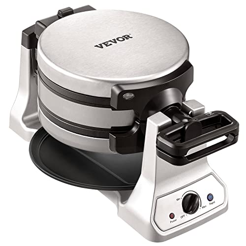 VEVOR 2-Layer Waffle Maker, 1400W Round Waffle Iron, Non-Stick Waffle Baker Machine with Browning Control, 180° Rotable Belgian Waffle Maker, Teflon-Coated Baking Pans, Stainless Steel Body, 120V