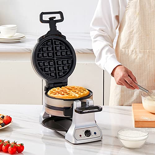 VEVOR 2-Layer Waffle Maker, 1400W Round Waffle Iron, Non-Stick Waffle Baker Machine with Browning Control, 180° Rotable Belgian Waffle Maker, Teflon-Coated Baking Pans, Stainless Steel Body, 120V