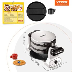 VEVOR 2-Layer Waffle Maker, 1400W Round Waffle Iron, Non-Stick Waffle Baker Machine with Browning Control, 180° Rotable Belgian Waffle Maker, Teflon-Coated Baking Pans, Stainless Steel Body, 120V