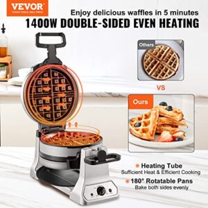 VEVOR 2-Layer Waffle Maker, 1400W Round Waffle Iron, Non-Stick Waffle Baker Machine with Browning Control, 180° Rotable Belgian Waffle Maker, Teflon-Coated Baking Pans, Stainless Steel Body, 120V